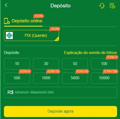 Selecione PIX como Método de Depósito